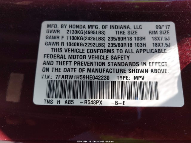 7FARW1H59HE042230 Honda l15be