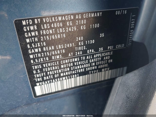 WVGAV7AX9HW511091 Volkswagen 2.0 tsi