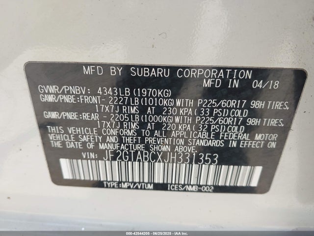 Subaru naturally aspirated 2018 JF2GTABCXJH331353 Image 9