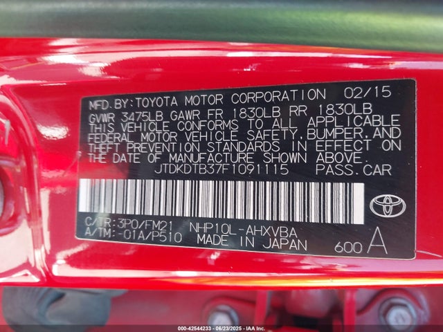 JTDKDTB37F1091115 Toyota 1nz-fxe+1lm