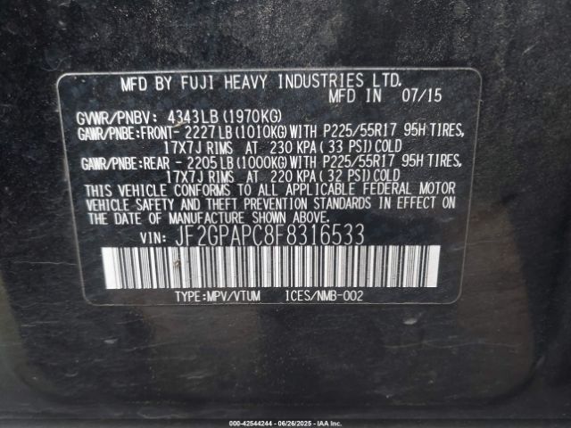 JF2GPAPC8F8316533 Subaru 2.0l naturally aapirated