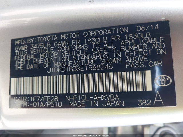 JTDKDTB3XE1568246 Toyota 1nz-fxe+1lm