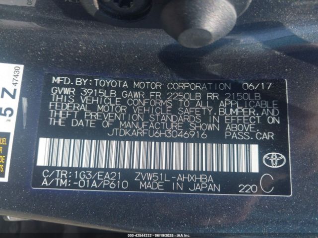 JTDKARFU6H3046916 Toyota 2zr-fxe,1nm