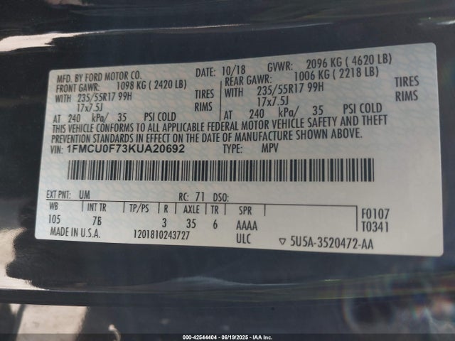 Ford 2.5l i-vct 2019 1FMCU0F73KUA20692 Image 9
