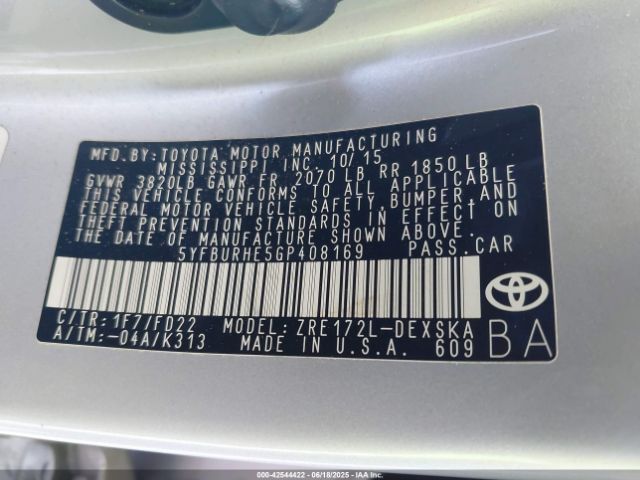 5YFBURHE5GP408169 Toyota 2zr-fe
