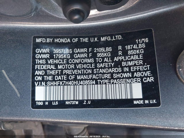 SHHFK7H40HU408594 Honda l15ba