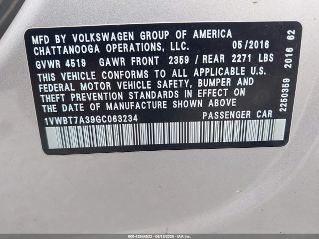 1VWBT7A39GC063234 Volkswagen 2016