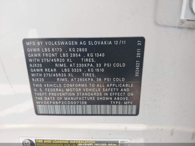 2012 VOLKSWAGEN TOUAREG WVGEF9BP2CD007138 Photo 8