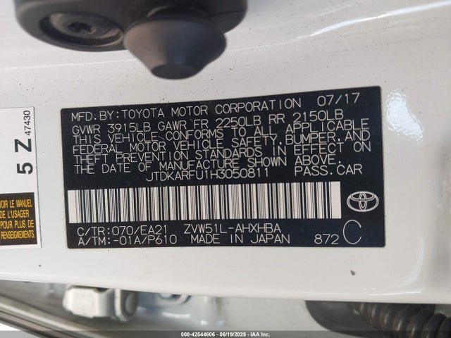 JTDKARFU1H3050811 Toyota 2zr-fxe,1nm