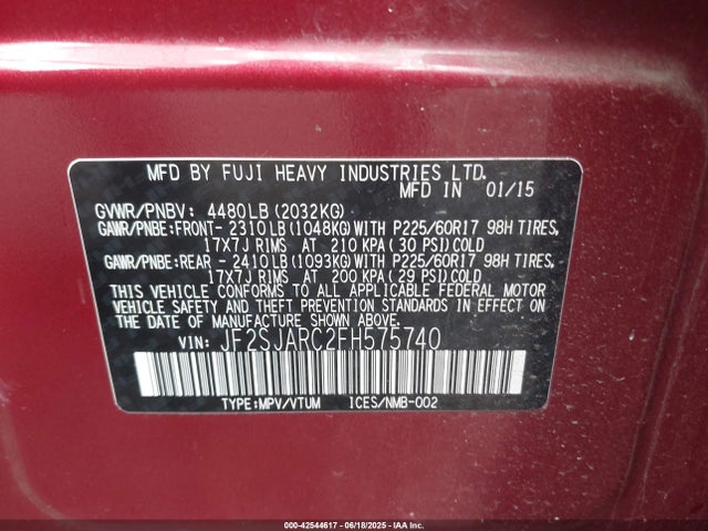 JF2SJARC2FH575740 Subaru 2.5na u5