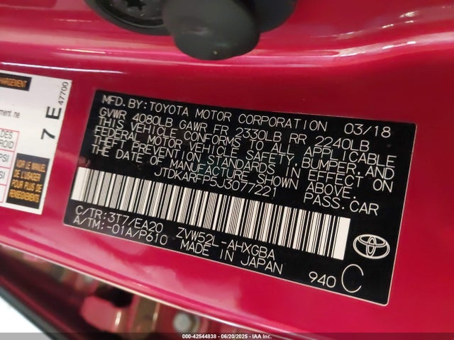 JTDKARFP5J3077221 Toyota 2zr-fxe+1nm