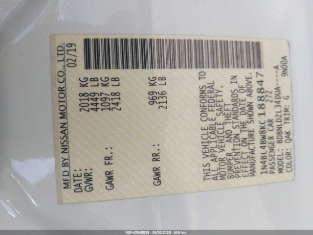 2019 NISSAN ALTIMA 1N4BL4BW8KC188847 Photo 8