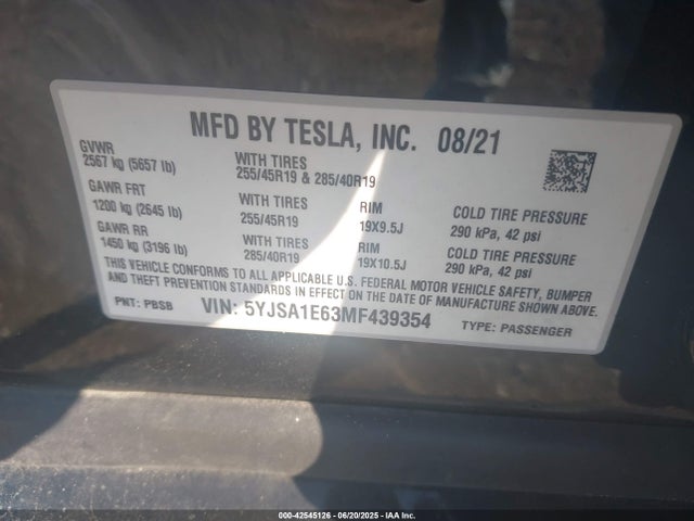 2021 TESLA MODEL S 5YJSA1E63MF439354 Photo 8
