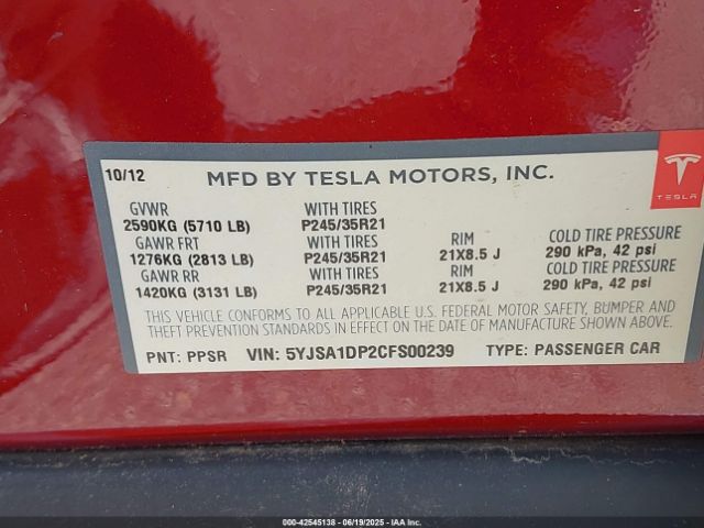 2012 TESLA MODEL S 5YJSA1DP2CFS00239 Photo 8