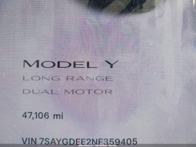 Продажа на аукционе авто 2022 Tesla Model Y Long Range Dual Motor All-wheel Drive, vin: 7SAYGDEE2NF359405, номер лота: 42545181