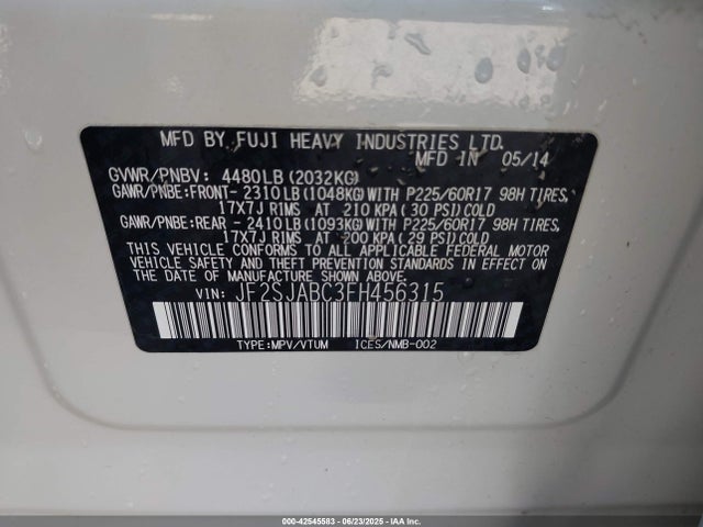 2015 Subaru Forester 2.5i მანქანა იყიდება აუქციონზე, vin: JF2SJABC3FH456315, აუქციონის ნომერი: 42545583