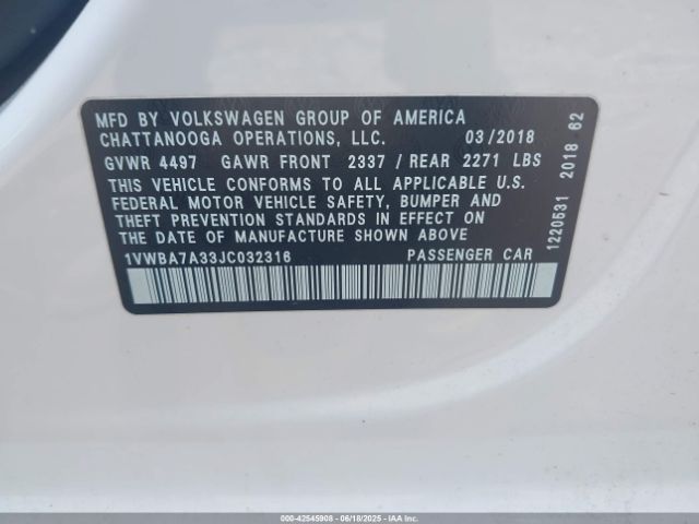 2018 VOLKSWAGEN PASSAT 1VWBA7A33JC032316 Photo 8