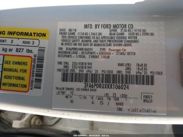 2019 FORD FUSION HYBRID 3FA6P0RUXKR106024 Photo 8