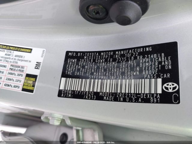 2022 TOYOTA COROLLA 5YFEPMAE1NP381650 Photo 8