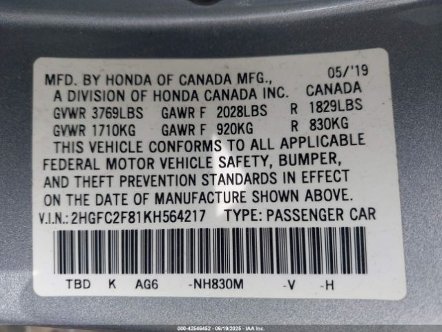 2019 HONDA CIVIC 2HGFC2F81KH564217 Photo 8