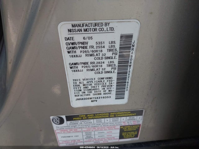 42546484 :رقم المزاد ، JNRAS08W75X216353 vin ، 2005 Infiniti Fx35 مزاد بيع