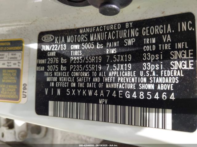 5XYKW4A74EG485464 KIA gasoline 3.3 v6 gdi lambda ii
