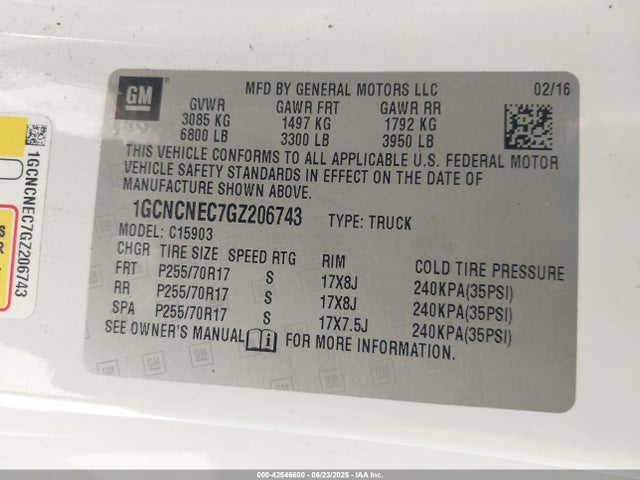 1GCNCNEC7GZ206743 Chevrolet l83 - sidi, vvt, afm, e85 max, aluminum