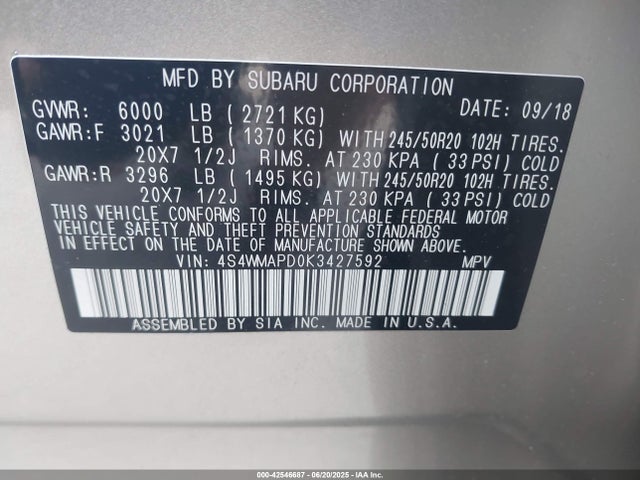 4S4WMAPD0K3427592 Subaru Ascent