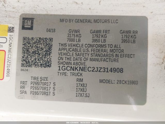1GCNKNEC2JZ314908 Chevrolet l83 - sidi: spark ignited direct injection, vvt: variable valve timing, afm, e85 max, alum
