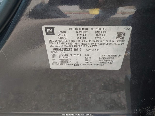 1GNALBEKXFZ119512 Chevrolet lea - flex fuel (gas/alc), aluminum, ho,