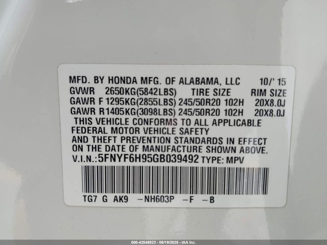 5FNYF6H95GB039492 Honda j35y6