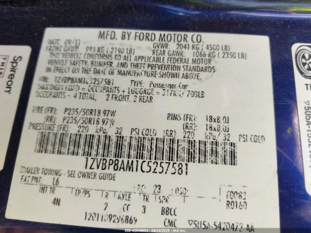 2012 FORD MUSTANG 1ZVBP8AM1C5257581 Photo 8