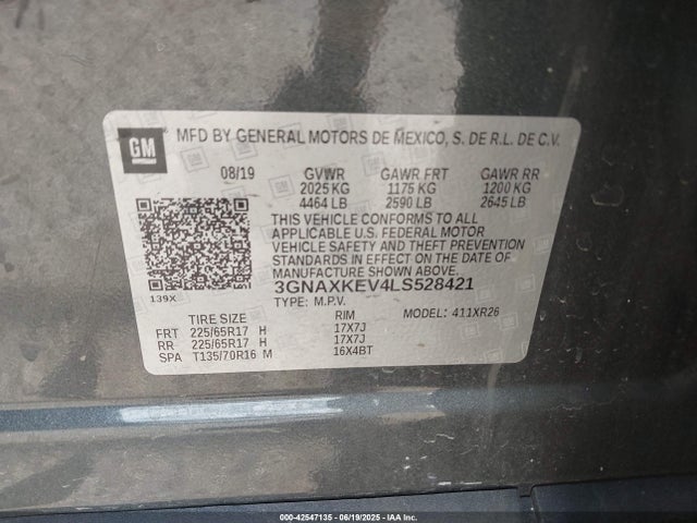 3GNAXKEV4LS528421 Chevrolet lyx - direct injection, vvt, fgt, turbo, alum, gen1