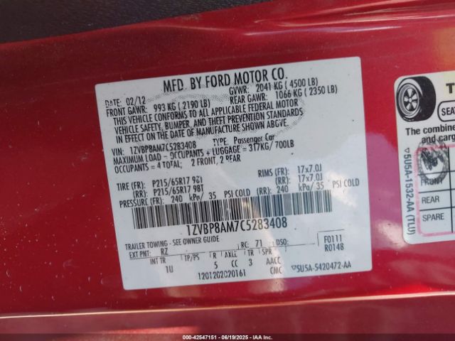 2012 FORD MUSTANG 1ZVBP8AM7C5283408 Photo 8