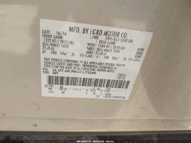 2LMTJ6LR6GBL75245 Lincoln 2016