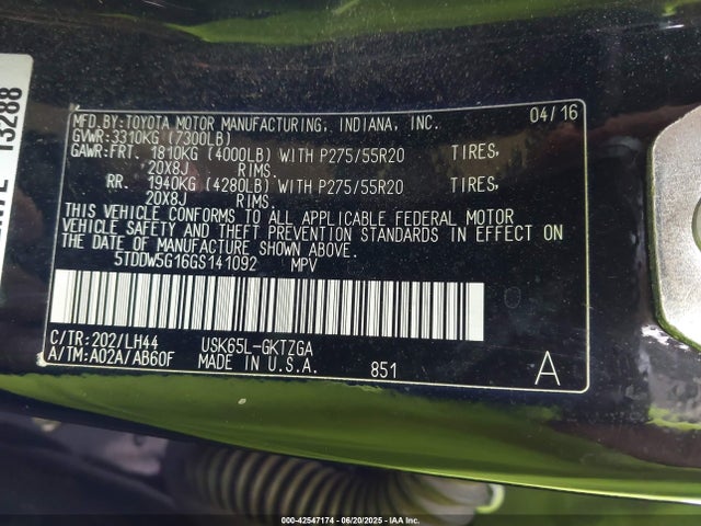 5TDDW5G16GS141092 Toyota 3ur-fbe