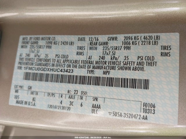 1FMCU0GDXHUC43423 Ford gtdi sigma w/premium fuel