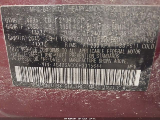 2017 SUBARU OUTBACK 4S4BSACC0H3315644 Photo 8