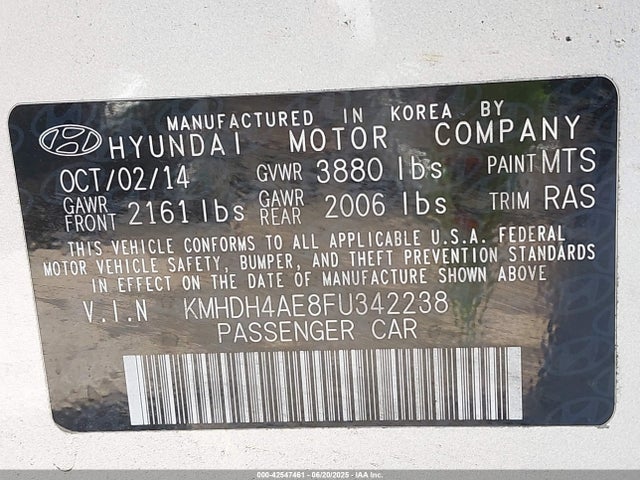 KMHDH4AE8FU342238 Hyundai dohc mpi nu