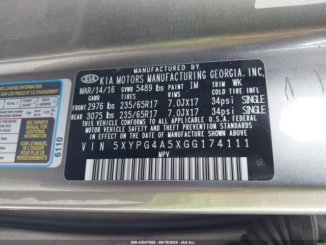 5XYPG4A5XGG174111 KIA dohc gdi lambda ii