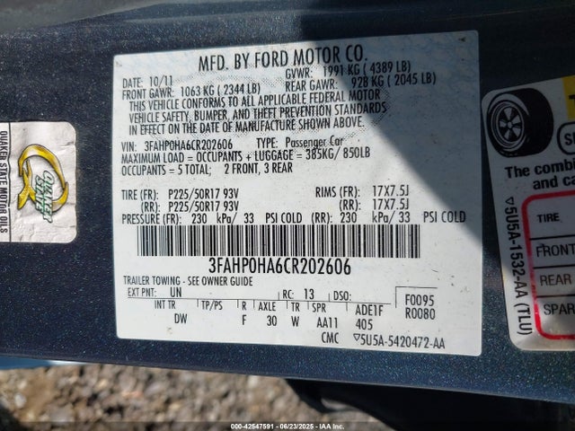 42547591 :رقم المزاد ، 3FAHP0HA6CR202606 vin ، 2012 Ford Fusion Se مزاد بيع