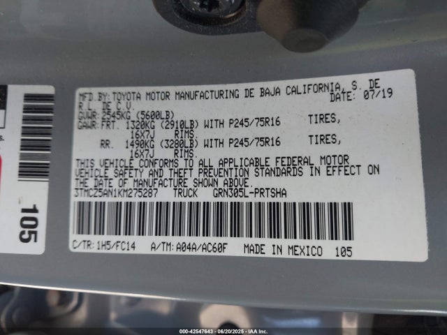 3TMCZ5AN1KM275287 Toyota 2gr-fks