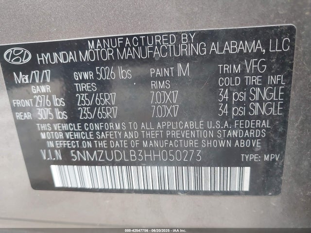 5NMZUDLB3HH050273 Hyundai gdi theta ii