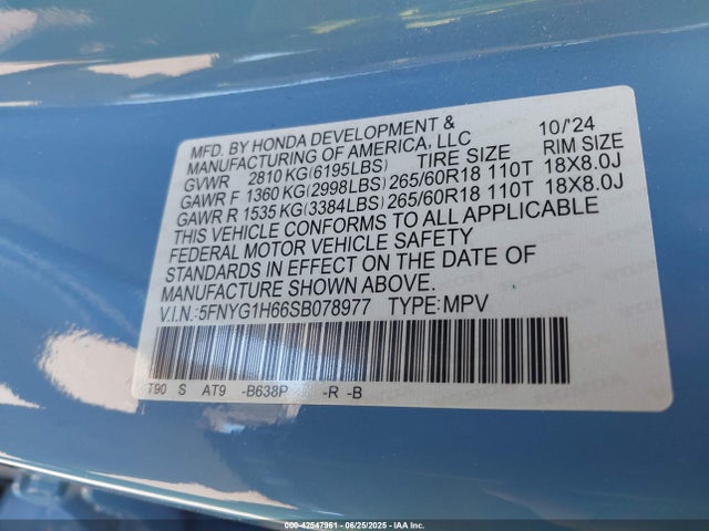 5FNYG1H66SB078977 Honda j35y8