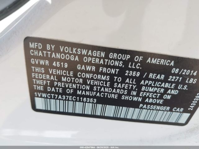 2014 VOLKSWAGEN PASSAT 1VWCT7A37EC116353 Photo 8