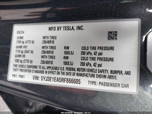 5YJ3E1EA5RF866605 Tesla MODEL 3