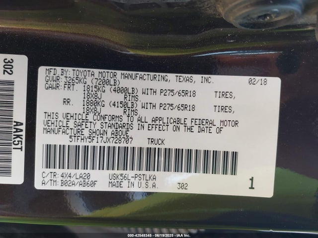5TFHY5F17JX728707 Toyota 3ur-fe