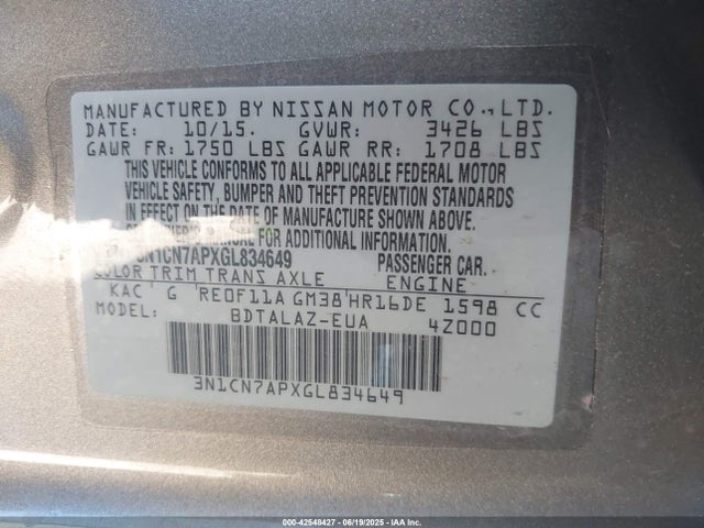 3N1CN7APXGL834649 Nissan Versa