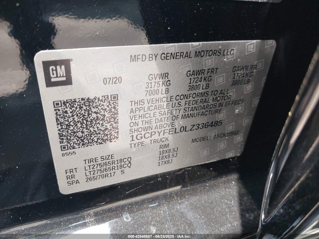 1GCPYFEL0LZ336485 Chevrolet l87 - di dfm, alum, gen 5