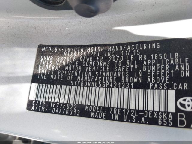 5YFBURHE5GP421231 Toyota 2zr-fe